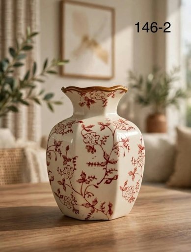 [146-2] مزهرية بزخارف زهور حمراء وعنق ذهبي 146-2