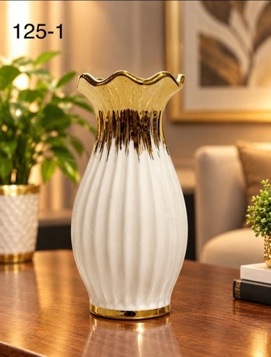 [125-1] مزهرية بيضاء مخططة بعنق ذهبي 125-1
